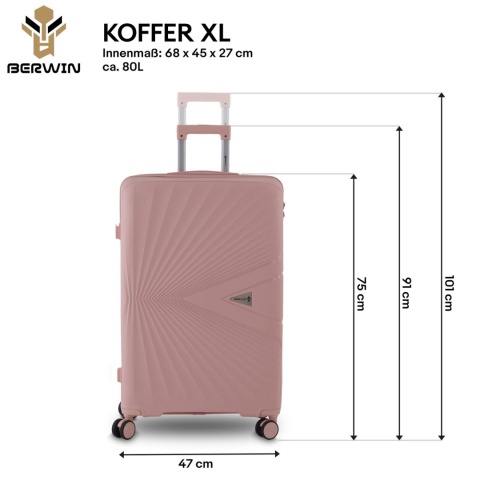 Zestaw Walizek Podróżnych BERWIN 4w1 – Róż Matowy, ABS, obrotowe kółka 360°, komplet XL–M + Kuferek