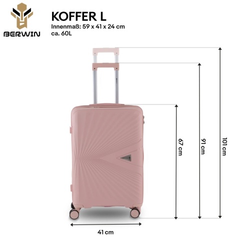 Zestaw Walizek Podróżnych BERWIN 4w1 – Róż Matowy, ABS, obrotowe kółka 360°, komplet XL–M + Kuferek
