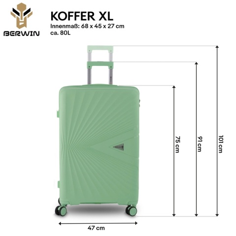 Zestaw walizek miętowe podróżne na 4 kółkach 4 sztuki Berwin ABS z kuferkiem