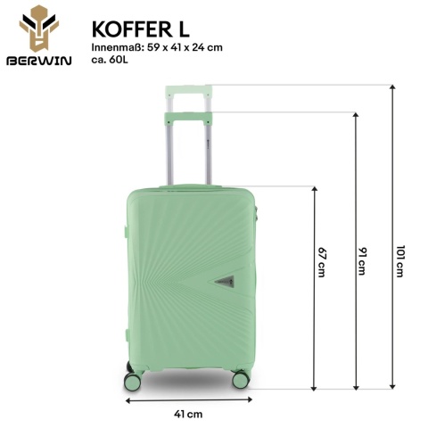 Zestaw walizek miętowe podróżne na 4 kółkach 4 sztuki Berwin ABS z kuferkiem