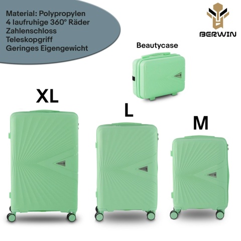 Zestaw walizek miętowe podróżne na 4 kółkach 4 sztuki Berwin ABS z kuferkiem