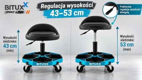 Taboret warszatowy siedzisko na kółkach z regulacją wysokości i półkami