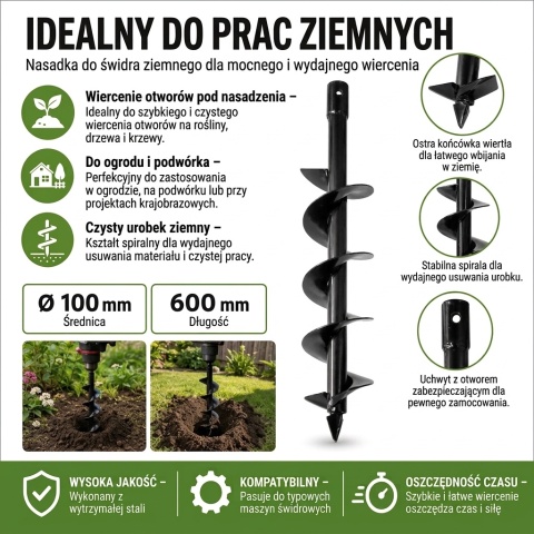 Świder do gleby / wiertło do wiertnicy 100 x 600 mm BITUXX