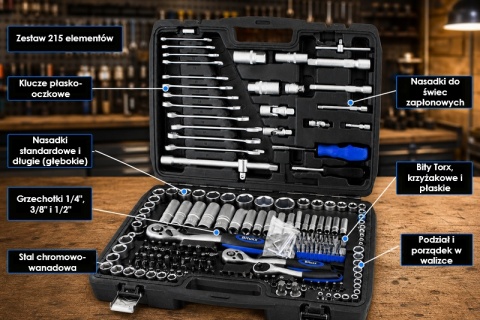 WALIZKA Z NARZĘDZIAMI 215 EL. TORX BITY GRZECHOTKI